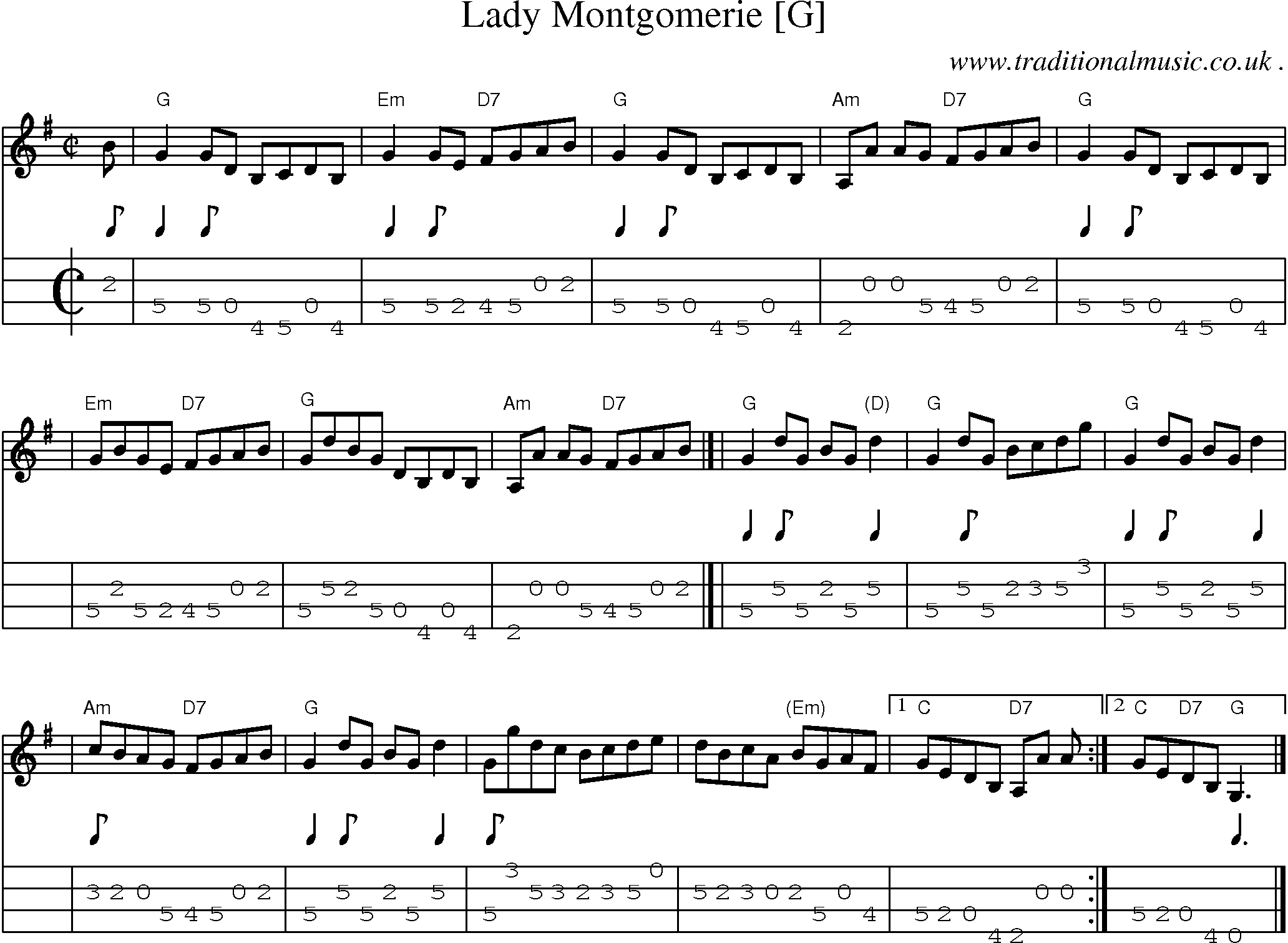 Sheet-music  score, Chords and Mandolin Tabs for Lady Montgomerie [g]